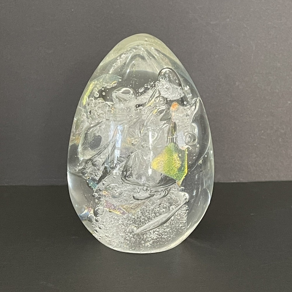 Vintage Karg Clear & Dichroic Glass Paperweight Bubbles Signed